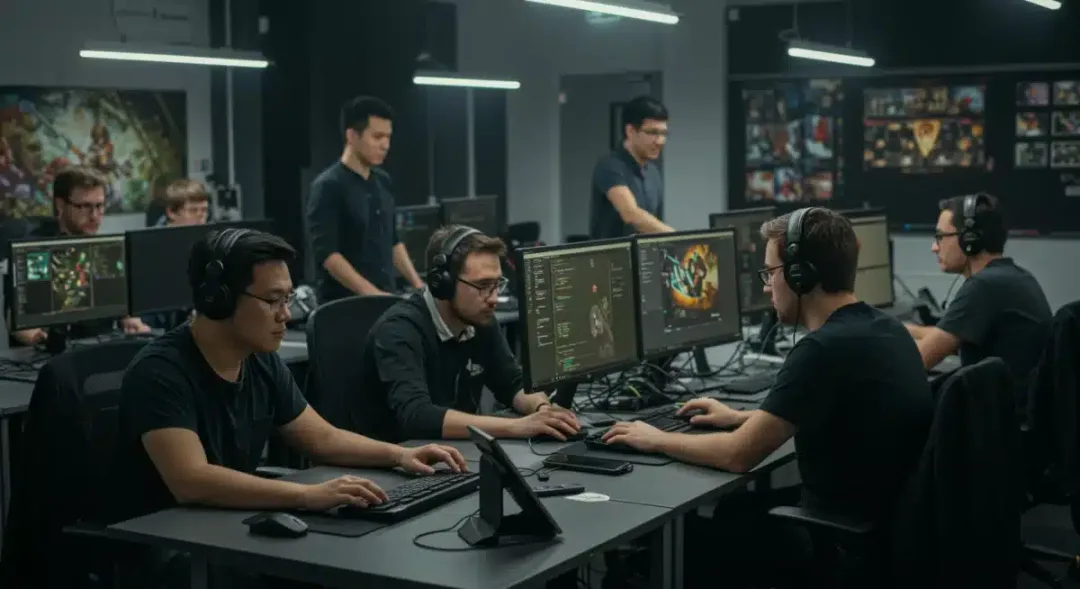 Diverse game development team collaborating on an innovative RPG project in a studio.