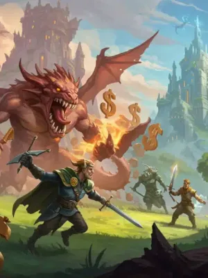 Vibrant fantasy RPG world illustration with financial overlay, symbolizing indie game funding success.