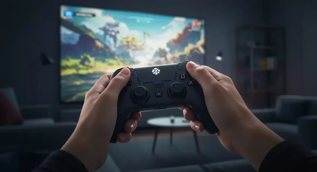 Hand holding next-gen controller, vibrant game on screen, illustrating enhanced gaming experience.