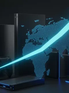 Next-gen gaming consoles with an upward trend arrow, symbolizing rising adoption in the US market.