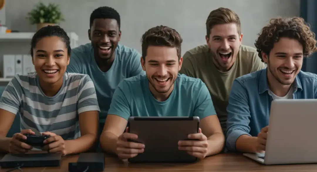 Diverse gamers enjoying subscription services on various devices