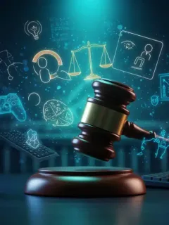 Gavel striking gaming elements, symbolizing legal precedent in online gaming IP protection by 2026.