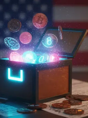 Stylized loot box opening with virtual items and legal documents, symbolizing new federal guidelines.