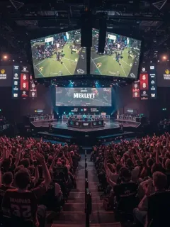 Esports arena with bright lights, large screens, and brand logos, showcasing the commercial aspect of competitive gaming.