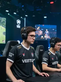 Esports team competing with sponsor logos visible on jerseys and arena screens.