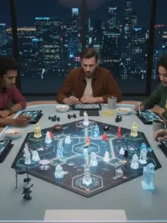Friends playing a cooperative board game with innovative components
