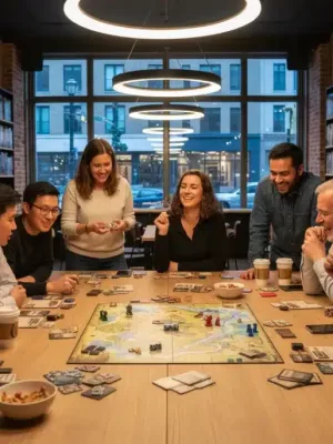 Diverse US gamers engrossed in a complex board game, demonstrating collaborative play and strategic thinking in a modern cafe setting.