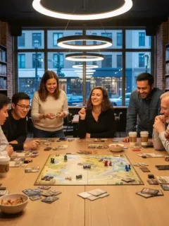 Diverse US gamers engrossed in a complex board game, demonstrating collaborative play and strategic thinking in a modern cafe setting.