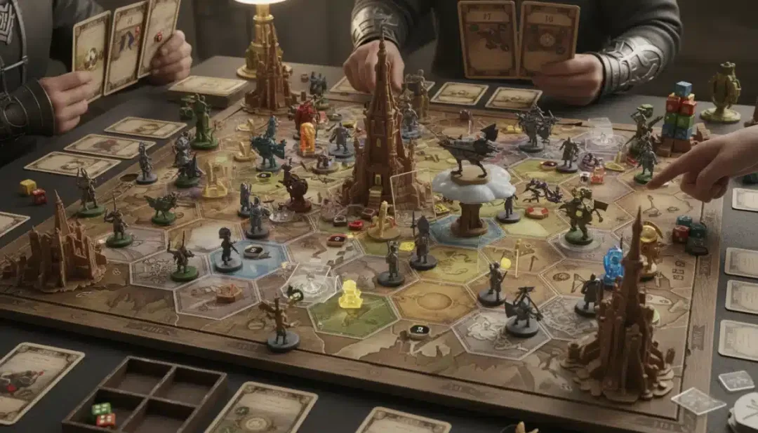 Intricate board game in progress, highlighting strategic depth and detailed components