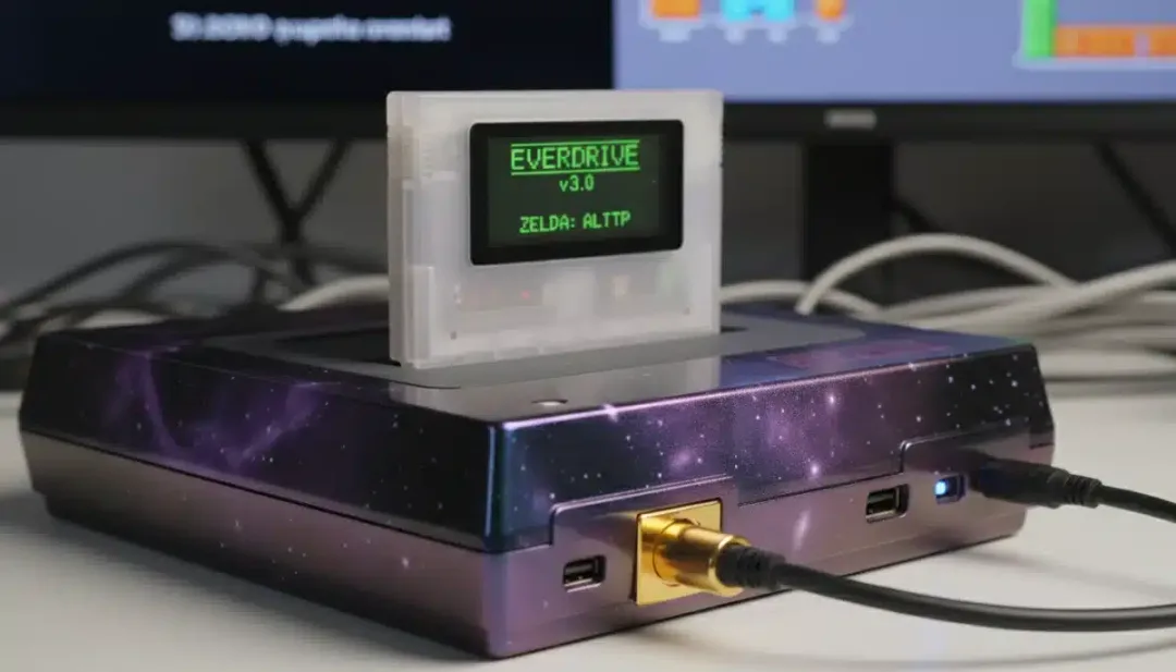 SNES console with visible HDMI output mod and custom casing, representing a modern performance upgrade.
