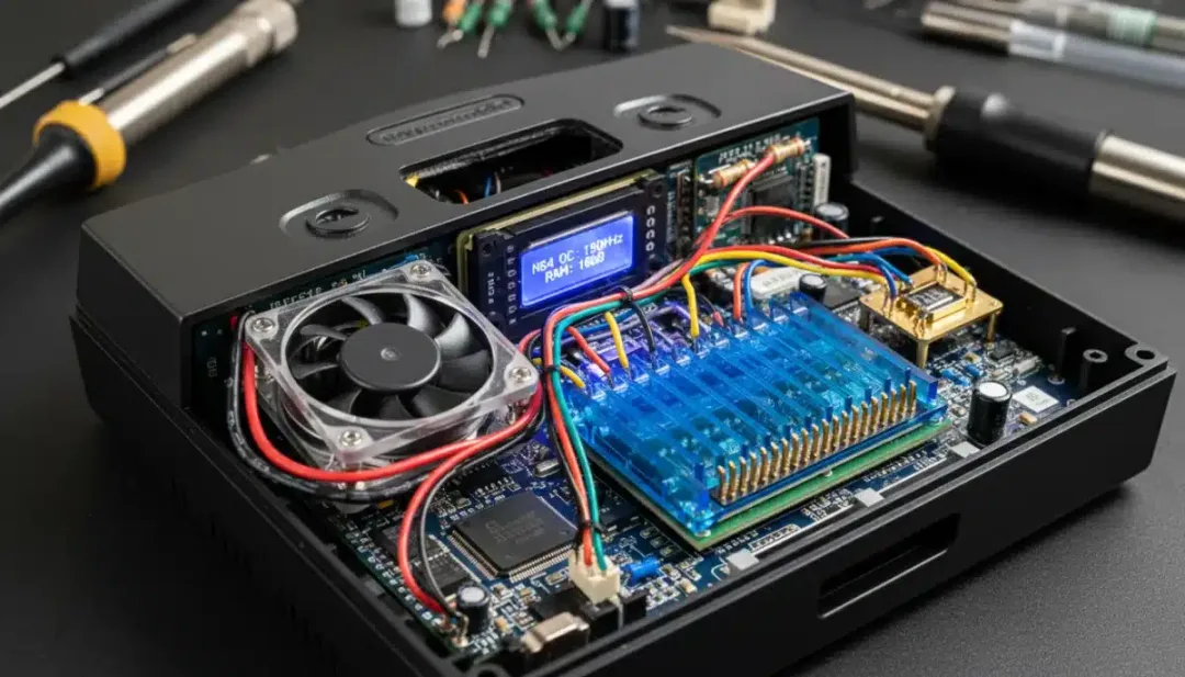 Internal components of a Nintendo 64 showing RAM upgrade, cooling fan, and overclocking modifications.