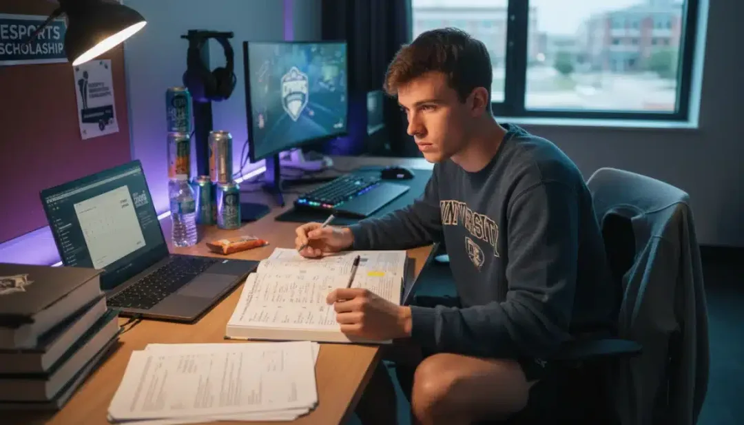 Student-athlete balancing academic studies with esports training, crucial for Esports Scholarships.