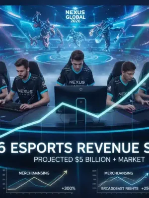Esports players competing on stage with revenue growth charts