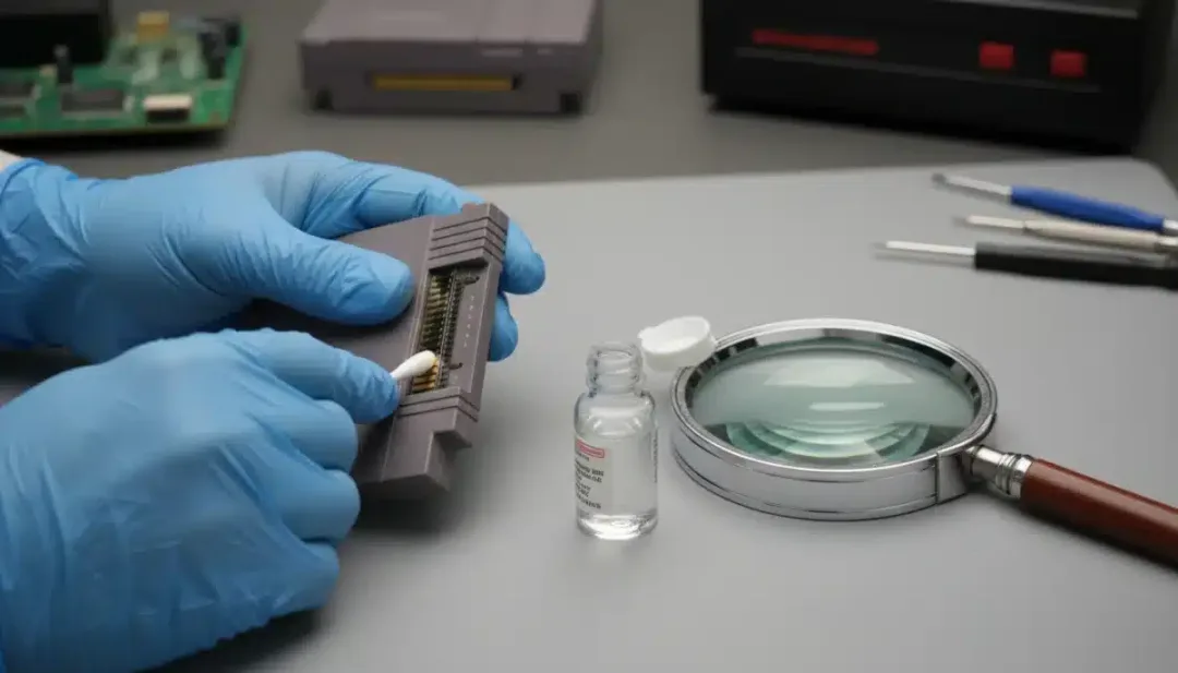 Person cleaning retro game cartridge contacts with isopropyl alcohol and cotton swab.