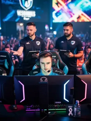E-sports player in a vibrant arena, focused yet supported, illustrating burnout prevention.