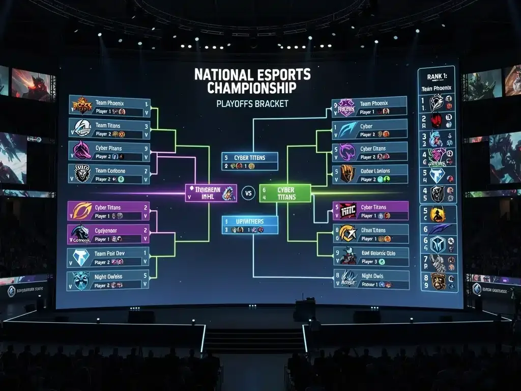 Tournament bracket displayed on a large screen at the 2026 National E-Sports Championship.