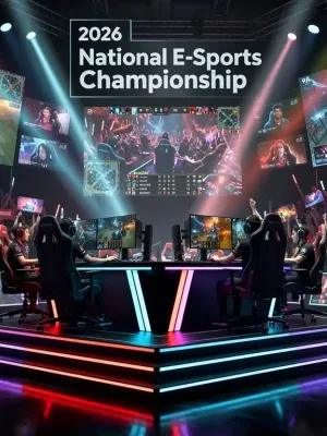 Esports athletes competing intensely at a brightly lit 2026 National E-Sports Championship event.