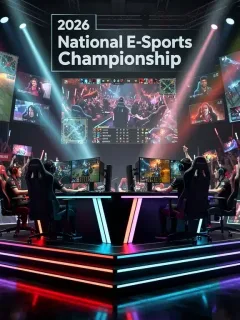 Esports athletes competing intensely at a brightly lit 2026 National E-Sports Championship event.