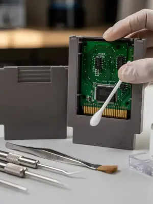 Restoring vintage NES game cartridge with cleaning tools