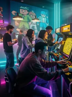 Young adults playing classic arcade games in a vibrant 2026 arcade setting, neon lights.