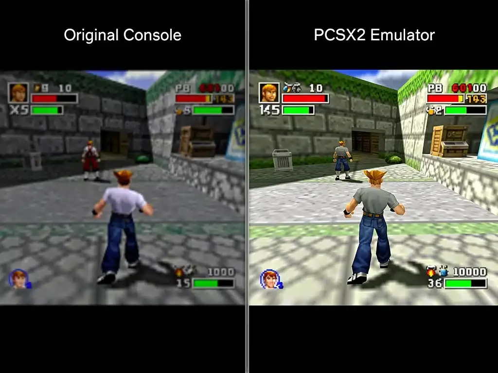 Comparison of PS1 game graphics on original console versus PCSX2 emulator.
