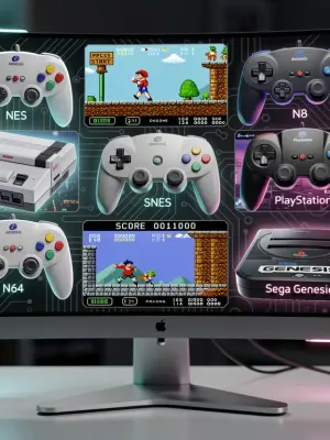 Retro console controllers on a PC screen, representing emulation for classic games.