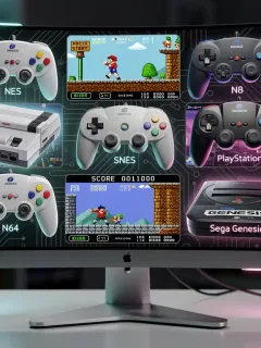 Retro console controllers on a PC screen, representing emulation for classic games.