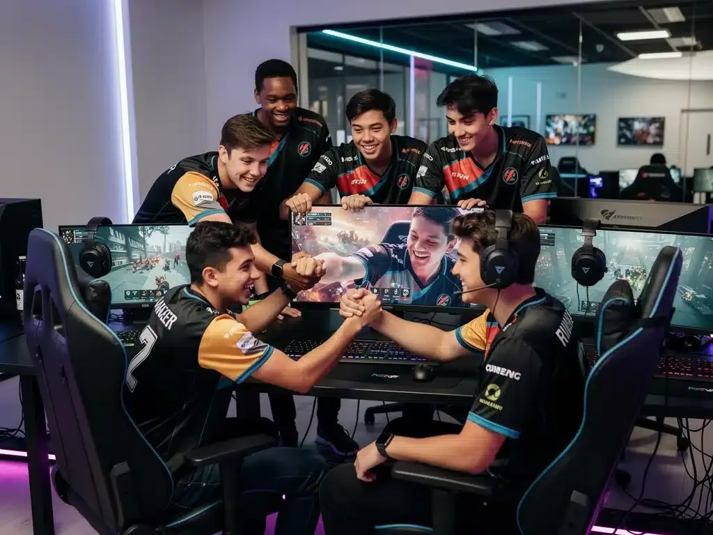 Diverse esports team strategizing and celebrating in a gaming lounge
