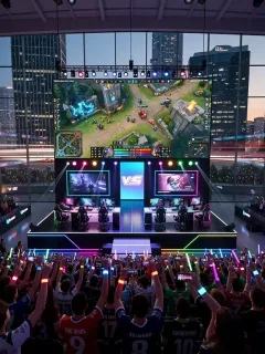 Esports arena packed with fans, city skyline at dusk, symbolizing economic impact