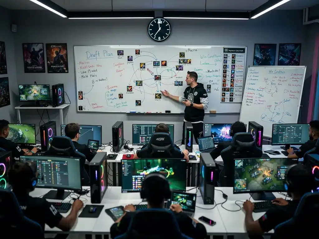 Esports academy students engaged in a strategic discussion with their coach.