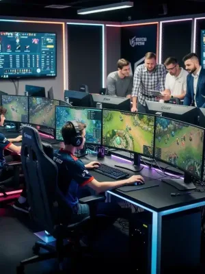 Esports athletes training intensely in a high-tech academy, focusing on game screens.