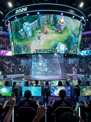 Esports arena with professional gamers competing, showcasing the intense atmosphere of competitive gaming in 2026.