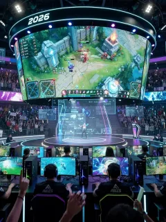 Esports arena with professional gamers competing, showcasing the intense atmosphere of competitive gaming in 2026.