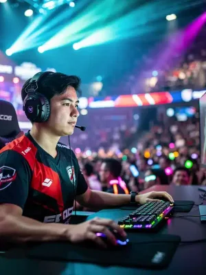 Professional esports player competing in a major US tournament, focused and determined.