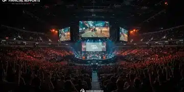 Esports arena with large screens showing game, reflecting Q4 2025 viewership growth.