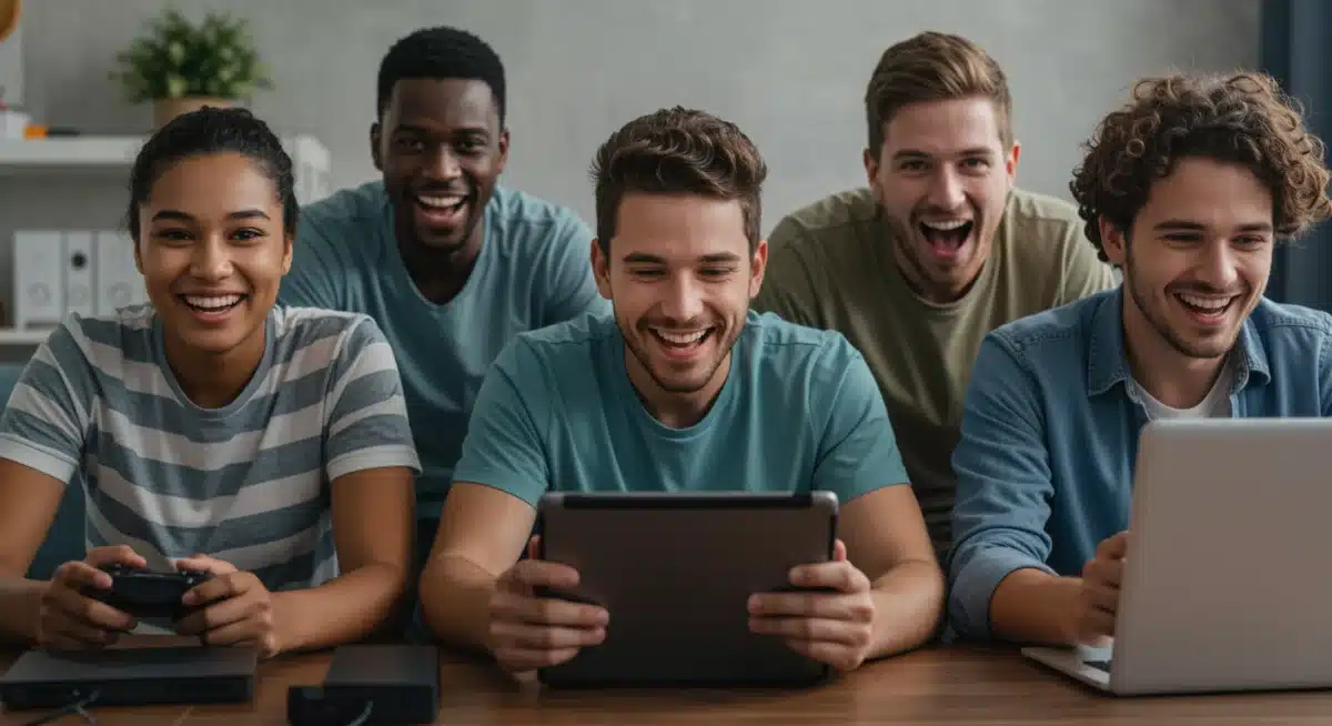 Diverse gamers enjoying subscription services on various devices