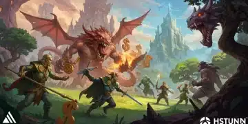 Vibrant fantasy RPG world illustration with financial overlay, symbolizing indie game funding success.