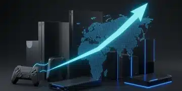 Next-gen gaming consoles with an upward trend arrow, symbolizing rising adoption in the US market.