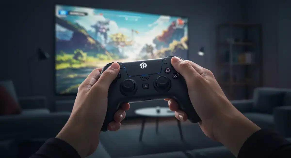 Hand holding next-gen controller, vibrant game on screen, illustrating enhanced gaming experience.