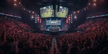 Esports arena with bright lights, large screens, and brand logos, showcasing the commercial aspect of competitive gaming.