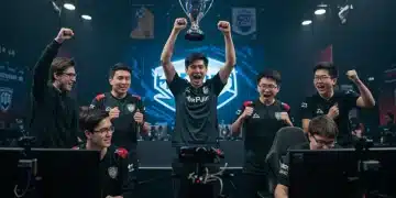 Young esports team celebrating victory in a gaming arena with bright lights