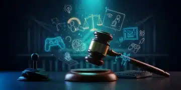 Gavel striking gaming elements, symbolizing legal precedent in online gaming IP protection by 2026.
