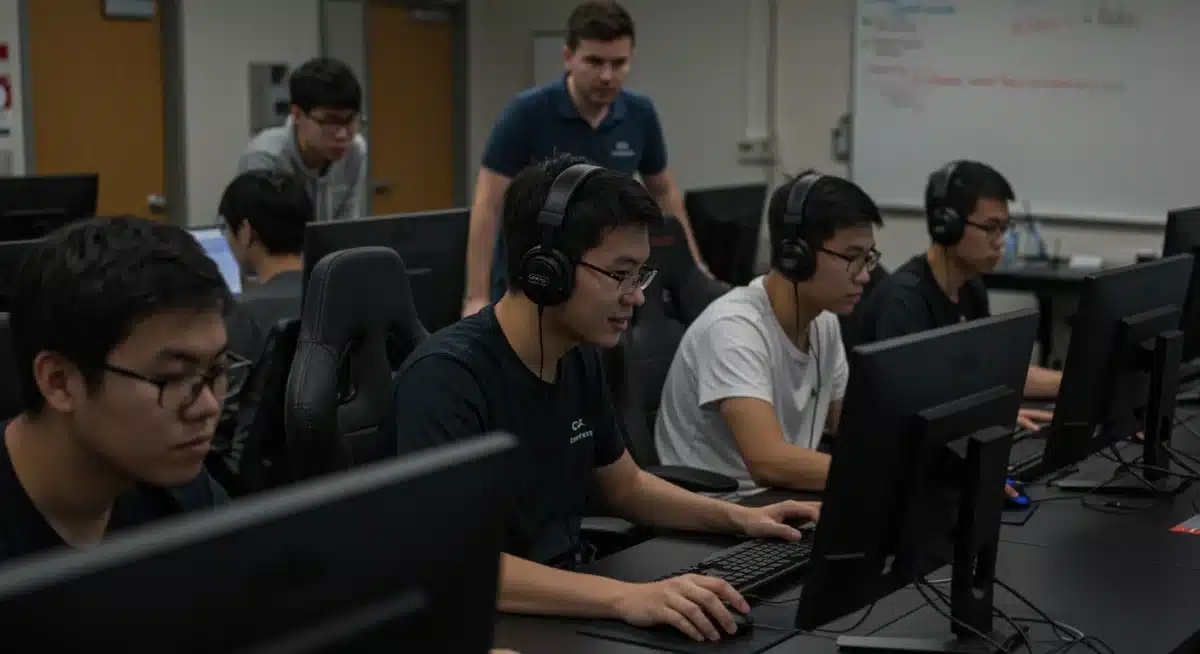 High school students practicing esports in a computer lab with a coach