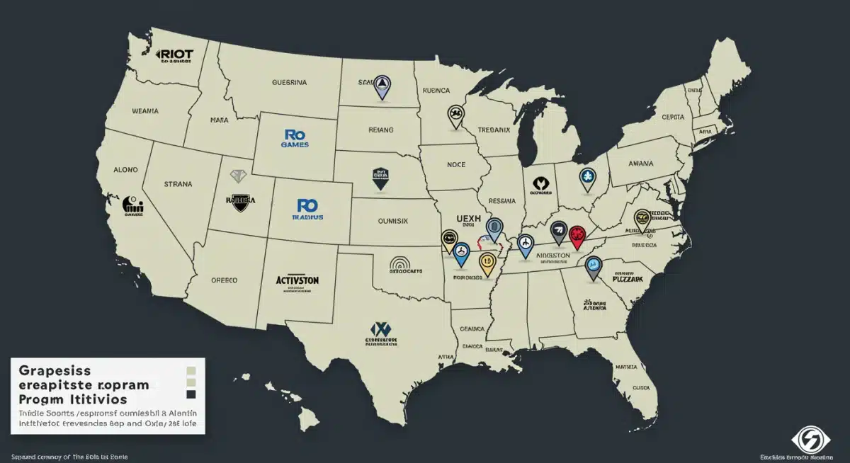 Map of US highlighting grassroots esports program locations and funding