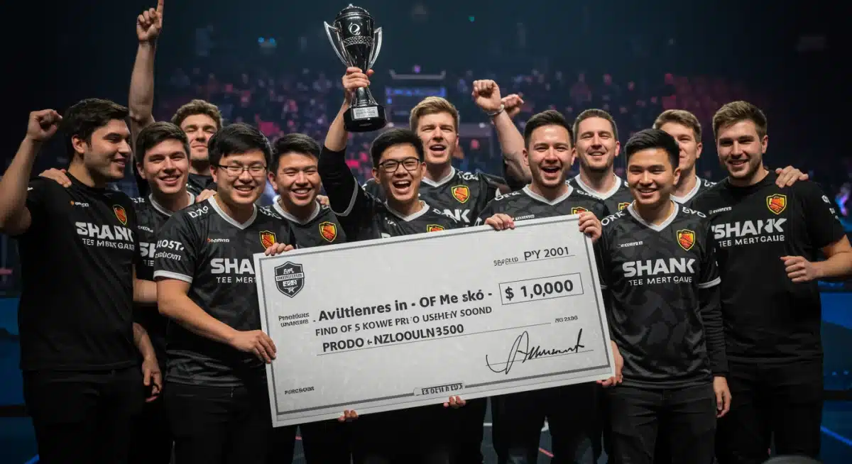 Esports players celebrating victory with a large prize pool check.