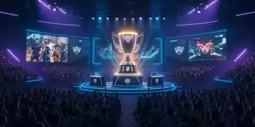 Esports tournament prize pool trophy on stage with crowd and financial projections.