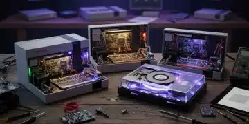 Detailed view of classic consoles undergoing complex internal modifications for performance upgrades.