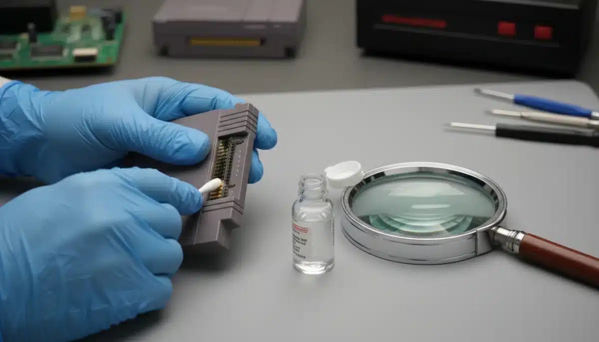 Person cleaning retro game cartridge contacts with isopropyl alcohol and cotton swab.