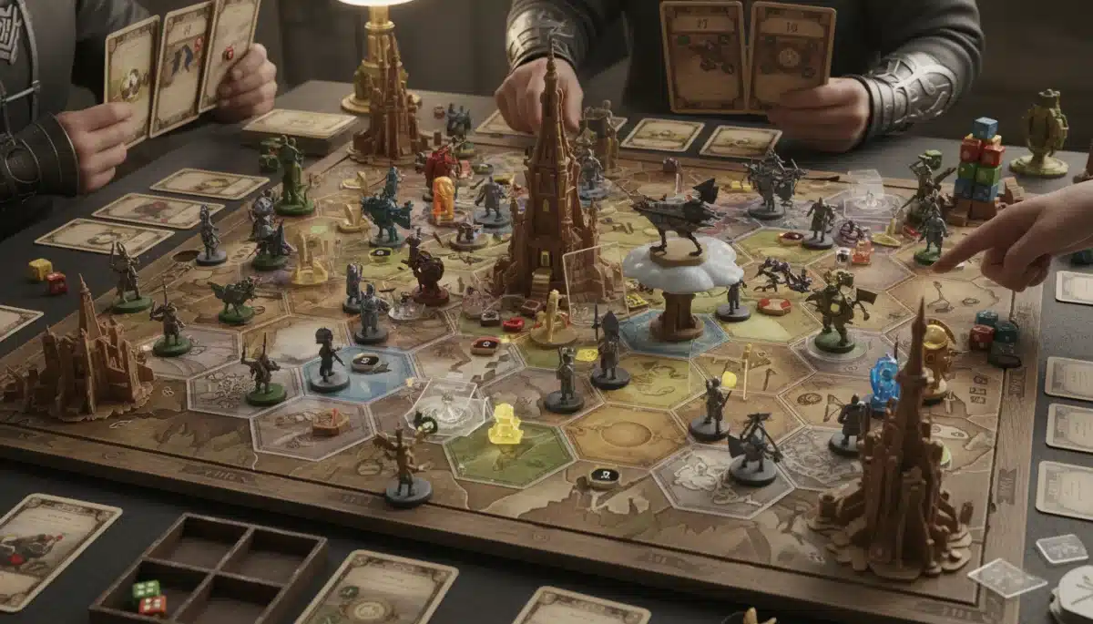 Intricate board game in progress, highlighting strategic depth and detailed components