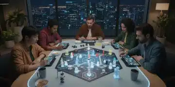 Friends playing a cooperative board game with innovative components